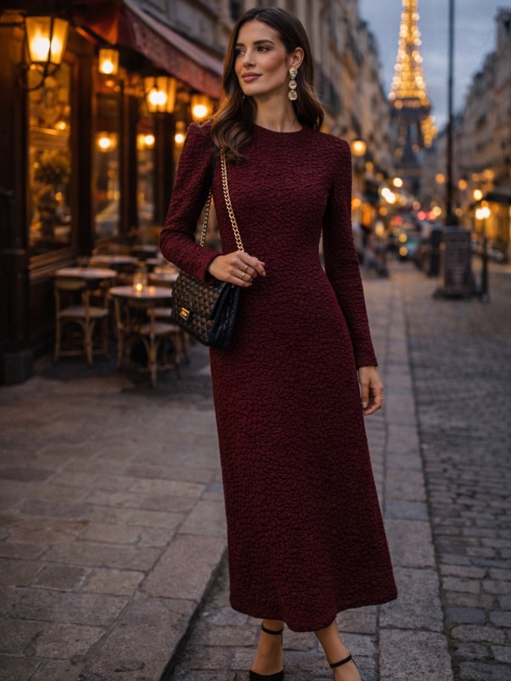HYACINTH HOUSE Madison Textured Midi Dress Maroon | Small | Elegant Long Sleeve